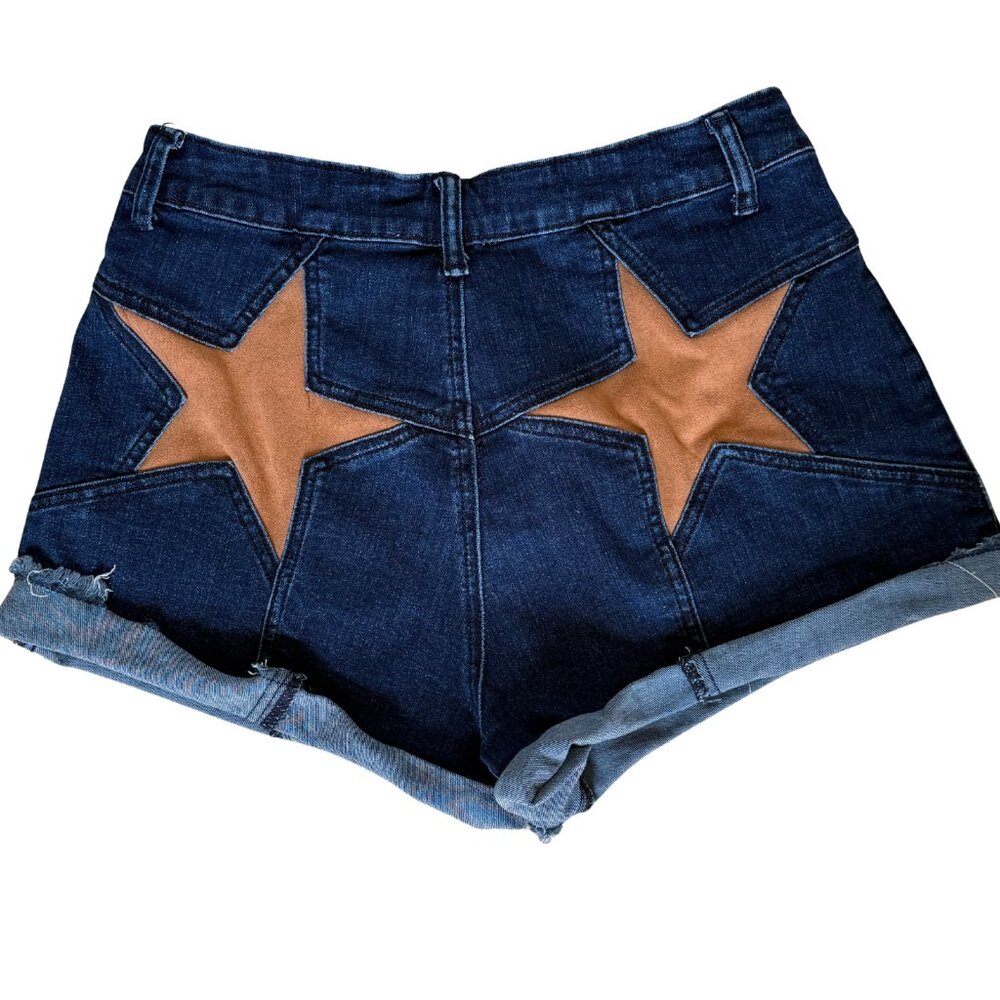 Dark Blue Denim Jean Shorts with Tan Star Accent